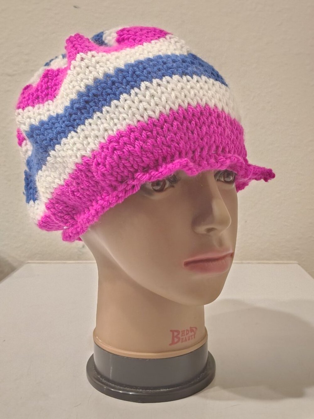 Hand-Knitted Neon Pink, Blue & White Striped Beanie